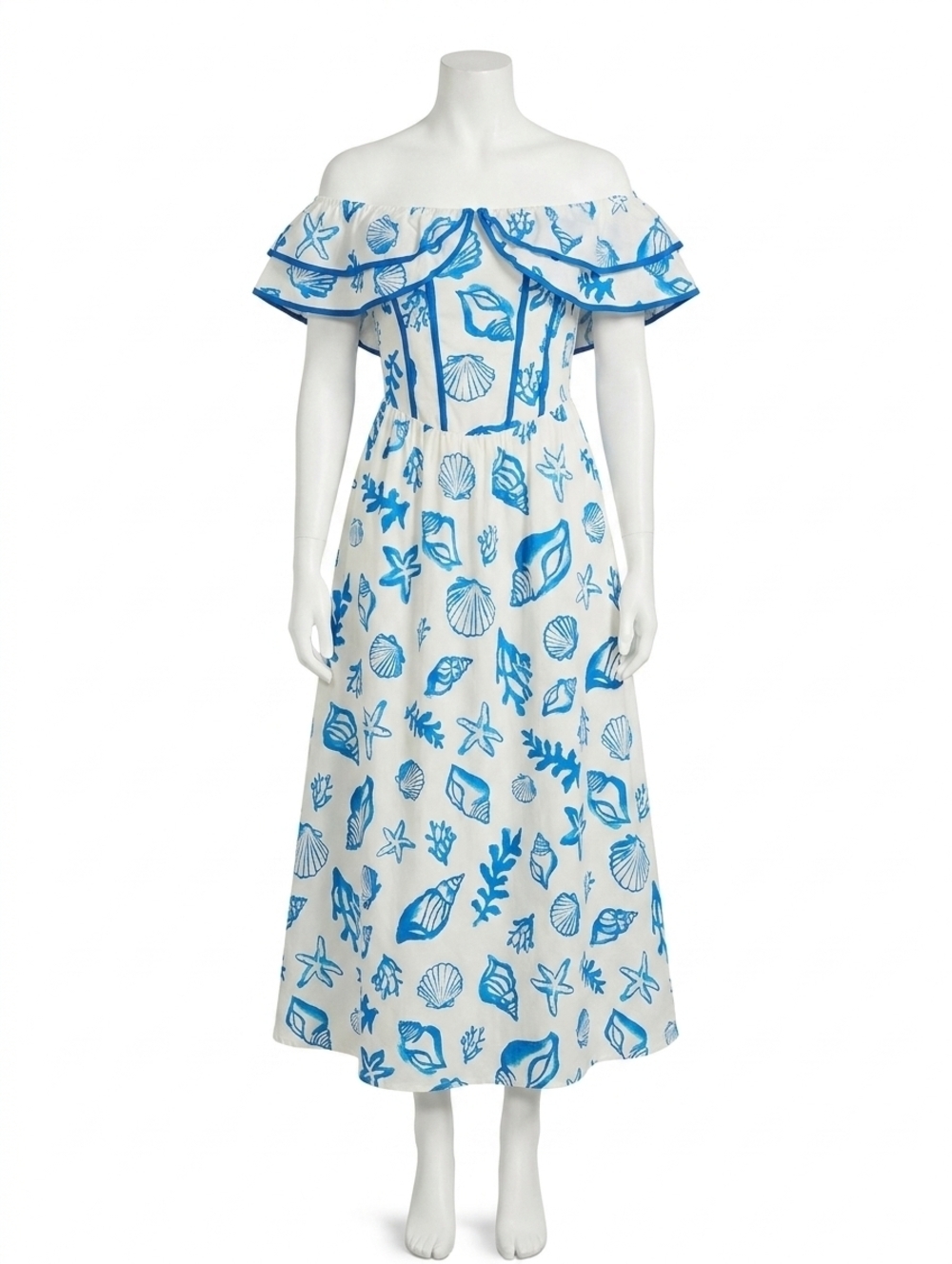 NEW LE LIS shelly off shoulder midi dress in white/ blue